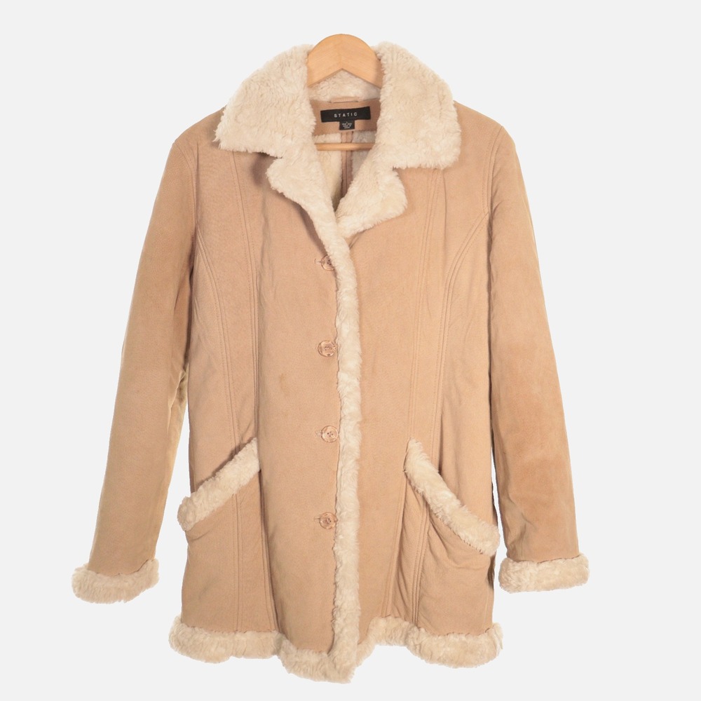 Vtg Static Penny Coat Jacket Faux Fur Trim Shearling Tan Leather Suede Women L